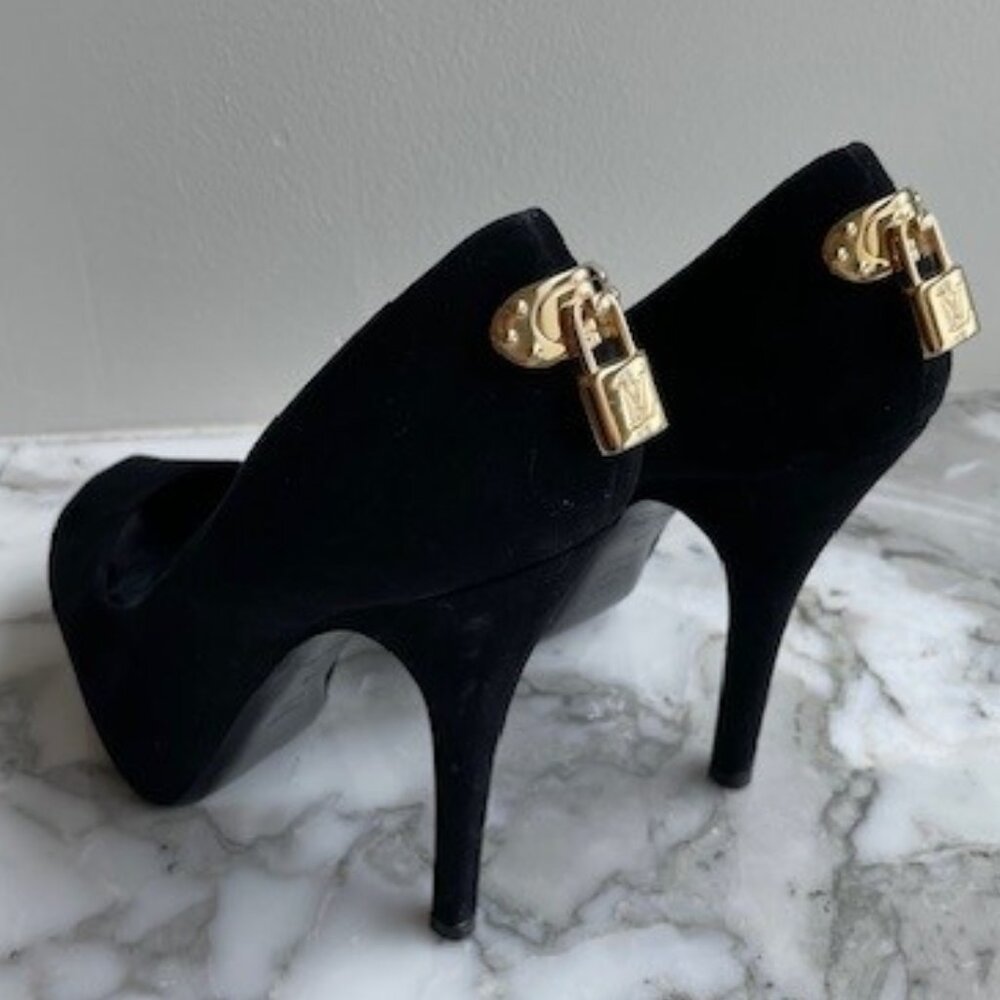 Louis Vuitton Black Suede High Heel Pumps with Gold Padlock Hardware